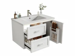 Merax Mueble De Baño Simple|Mueble bajo lavabo suspendido de un seno cerámico - 76 x 46 x 51 cm - acabado lacado - con LEDs + 2 cajones + puerta - cerámica + MDF -