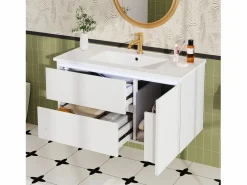 Merax Mueble bajo lavabo suspendido de un seno cerámico - 91 x 46,5 x 50,5 cm - acabado lacado - con LEDs + 2 cajones + puerta - cerámica + MDF - Blanco