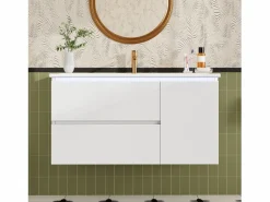 Merax Mueble bajo lavabo suspendido de un seno cerámico - 91 x 46,5 x 50,5 cm - acabado lacado - con LEDs + 2 cajones + puerta - cerámica + MDF - Blanco