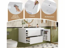 Merax Mueble bajo lavabo suspendido de un seno cerámico - 91 x 46,5 x 50,5 cm - acabado lacado - con LEDs + 2 cajones + puerta - cerámica + MDF - Blanco