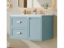Merax Mueble De Baño Simple|Mueble bajo lavabo suspendido de un seno cerámico - 76 x 46 x 51 cm - acabado lacado - con LEDs + 2 cajones + puerta - cerámica + MDF -