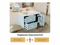 Merax Mueble De Baño Simple|Mueble bajo lavabo suspendido de un seno cerámico - 76 x 46 x 51 cm - acabado lacado - con LEDs + 2 cajones + puerta - cerámica + MDF -