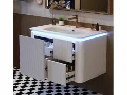 Merax Mueble bajo lavabo suspendido de cerámica de un seno - 80,5 x 47 x 51 cm - acabado lacado - con LEDs + 3 cajones - cerámica + MDF - Blanco Hot