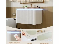 Merax Mueble bajo lavabo suspendido de cerámica de un seno - 80,5 x 47 x 51 cm - acabado lacado - con LEDs + 3 cajones - cerámica + MDF - Blanco Hot