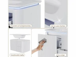 Merax Mueble bajo lavabo suspendido de cerámica de un seno - 80,5 x 47 x 51 cm - acabado lacado - con LEDs + 3 cajones - cerámica + MDF - Blanco Hot