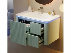 Mueble bajo lavabo suspendido de cerámica de un seno - 80,5 x 47 x 51 cm - acabado lacado - con LEDs + 3 cajones - cerámica + MDF -^Merax Outlet