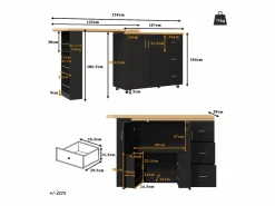 Mueble bar de cocina extensible con ruedas - 135-228 x 39 x 104 cm - con 2 puertas + 3 cajones - MDF + metal -^Merax Hot
