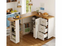Merax Mueble Bar|Mueble bar de cocina extensible con ruedas - 135-228 x 39 x 104 cm - con 2 puertas + 3 cajones - MDF + metal -