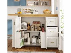 Merax Mueble Bar|Mueble bar de cocina extensible con ruedas - 135-228 x 39 x 104 cm - con 2 puertas + 3 cajones - MDF + metal -