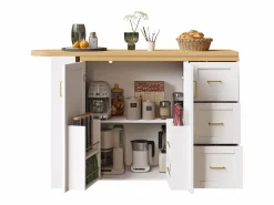 Merax Mueble Bar|Mueble bar de cocina extensible con ruedas - 135-228 x 39 x 104 cm - con 2 puertas + 3 cajones - MDF + metal -