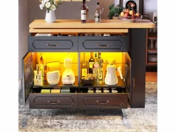 Merax Mueble bar extensible - 135/203 x 39 x 92,8 cm - mesa giratoria con LED + 4 cajones - MDF - Negro