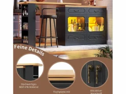 Merax Mueble bar extensible - 135/203 x 39 x 92,8 cm - mesa giratoria con LED + 4 cajones - MDF - Negro