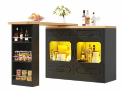 Merax Mueble bar extensible - 135/203 x 39 x 92,8 cm - mesa giratoria con LED + 4 cajones - MDF - Negro