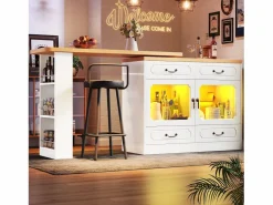 Merax Mueble bar extensible - 135/203 x 39 x 92,8 cm - mesa giratoria con LED + 4 cajones - MDF - Blanco Outlet