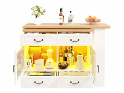 Merax Mueble bar extensible - 135/203 x 39 x 92,8 cm - mesa giratoria con LED + 4 cajones - MDF - Blanco Outlet