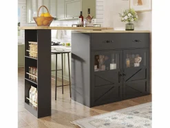 Merax Mueble bar extensible - 138-204 x 39 x 104 cm - Mesa de comedor giratoria 360° - con 2 puertas + 2 cajones - MDF - Negro