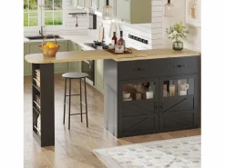 Merax Mueble bar extensible - 138-204 x 39 x 104 cm - Mesa de comedor giratoria 360° - con 2 puertas + 2 cajones - MDF - Negro