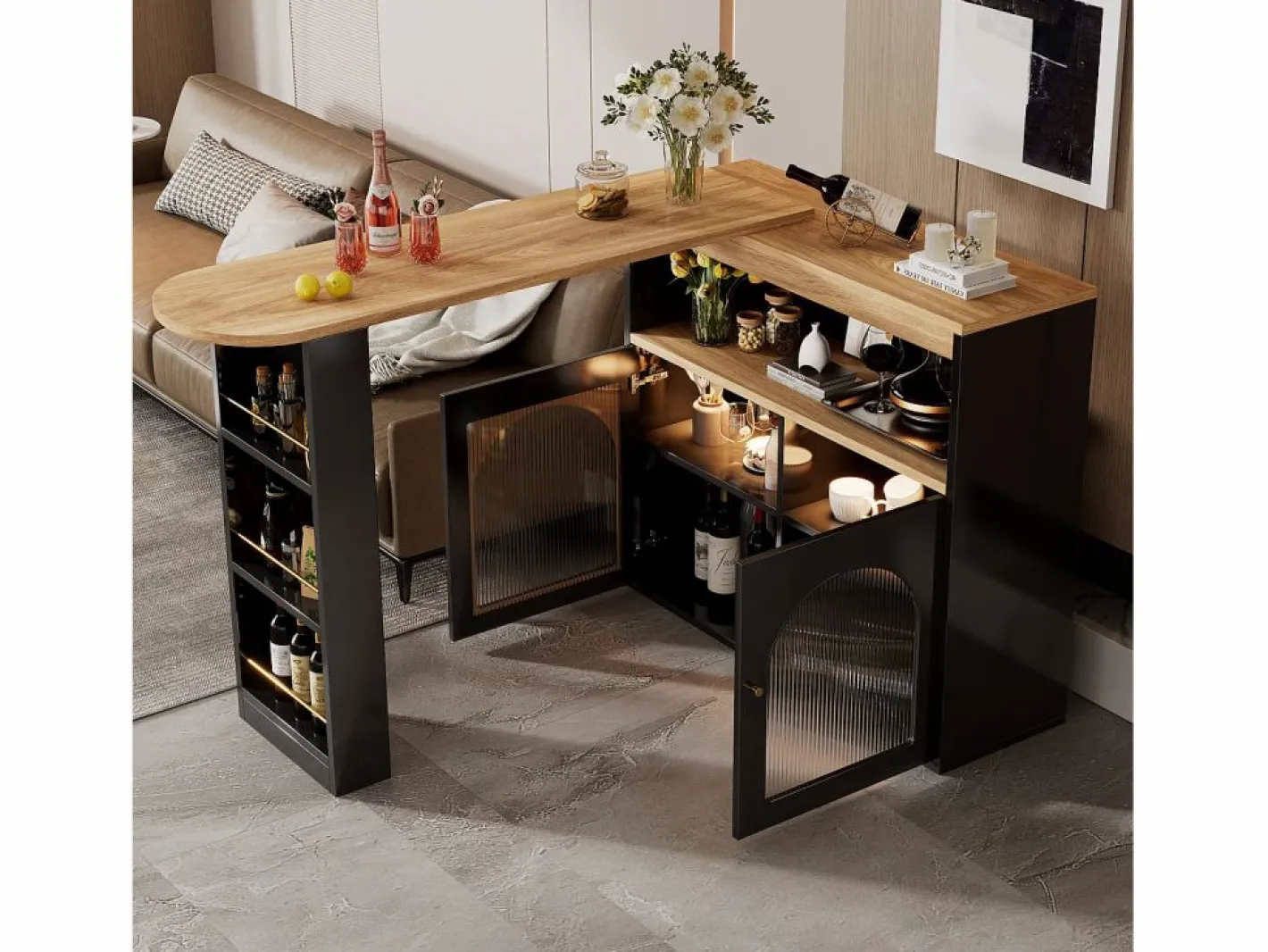 Merax Mueble Bar|Mueble bar giratorio - 2 puertas, 3 estantes de almacenamiento y nicho - Tapa efecto madera MDF - LED - Natural y
