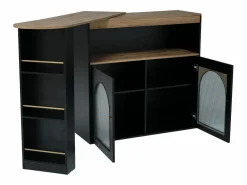 Merax Mueble Bar|Mueble bar giratorio - 2 puertas, 3 estantes de almacenamiento y nicho - Tapa efecto madera MDF - LED - Natural y
