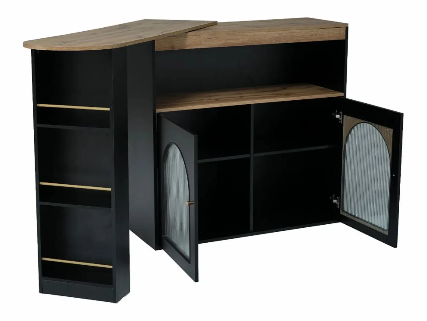 Merax Mueble Bar|Mueble bar giratorio - 2 puertas, 3 estantes de almacenamiento y nicho - Tapa efecto madera MDF - LED - Natural y