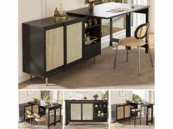 Merax Mueble bar giratorio - 2 puertas, cajones y estantes de almacenaje - MDF y efecto ratán - Negro Best
