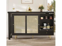 Merax Mueble bar giratorio - 2 puertas, cajones y estantes de almacenaje - MDF y efecto ratán - Negro Best