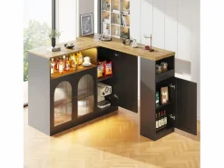 Mueble Bar Giratorio - 4 Puertas y Estantes de Almacenamiento - LEDs - Madera MDF - y Natural^Merax Hot