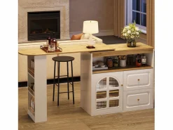 Mueble bar giratorio - Mesa de bar extensible con 2 cajones y 1 puerta de cristal - almacenamiento abierto -^ Hot