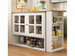 Mueble bar giratorio - Mesa de bar extensible con 2 puertas y 3 estantes ajustables - almacenamiento abierto - Blanco