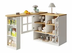 Mueble bar giratorio - Mesa de bar extensible con 2 puertas y 3 estantes ajustables - almacenamiento abierto - Blanco
