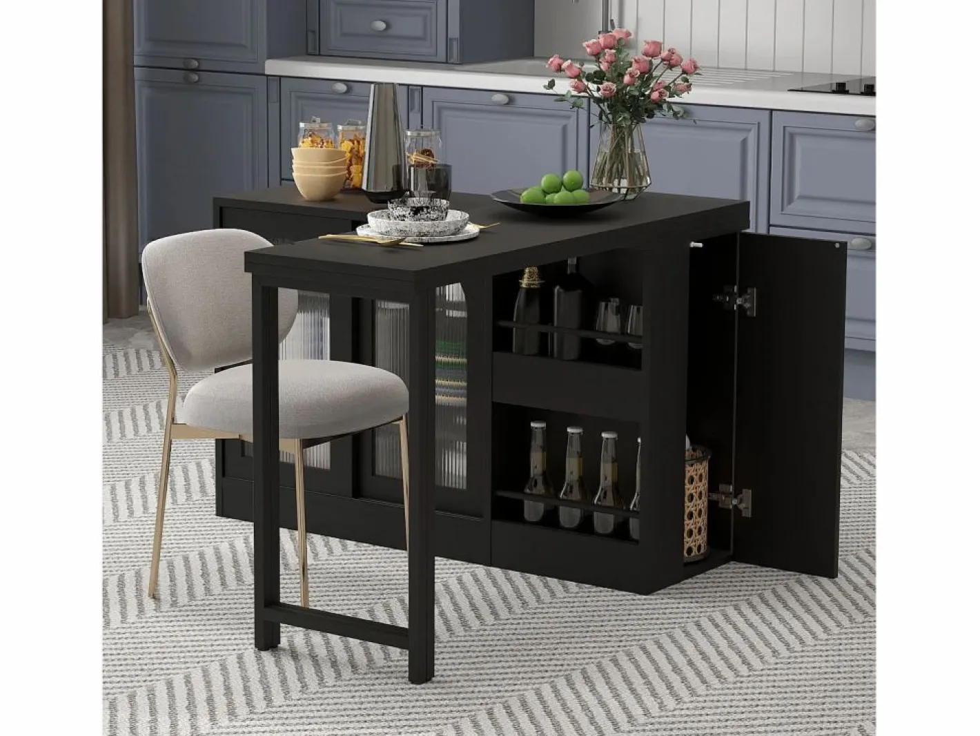 Mueble bar giratorio - Mesa de bar con 2 puertas de cristal y 2 compartimentos de almacenamiento abiertos - parte superior giratoria^ Best