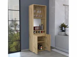 TuHome Vitrina|Mueble Bar Prana en melamina con 4 estantes , 2 puertas , 4 portabotellas y 6 portacopas , , 180 cm X 58.4 cm X 37 cm