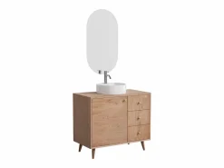 Vente-unique Conjunto De Baño|Mueble con lavabo simple de roble - Lavabo redondo de apoyo, espejo y grifo - 93 cm - ZARENO