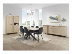 Meublorama Vitrina Para Vajilla|Mueble de Almacenamiento XL con patas metálicas en color roble claro, colección LOFT. Gran capacidad de almacenamiento.