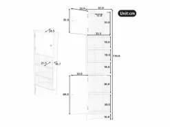 Merax Columna De Baño|Mueble de baño - 57,5 ​​x 28,5 x 160 cm - Con 2 puertas de cristal + 2 puertas de madera + 2 compartimentos abiertos Espacios - MDF - Gris