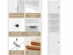 Merax Columna De Baño|Mueble de baño - 57,5 ​​x 28,5 x 160 cm - Con 2 puertas de cristal + 2 puertas de madera + 2 compartimentos abiertos Espacios - MDF - Gris