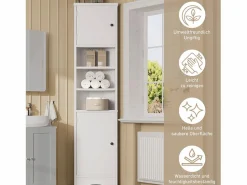 Merax Columna De Baño|Mueble de baño - 57,5 ​​x 28,5 x 160 cm - Con 2 puertas de cristal + 2 puertas de madera + 2 compartimentos abiertos Espacios - MDF - Gris