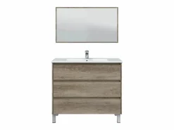 Mueble de Baño con 3 Cajones, Patas y Espejo, Modulo Lavabo con Acabado en Nordik - Dim: 100 cm (Ancho) x 86 cm (Alto) x 45 cm (Fondo) Color natural oscuro Best