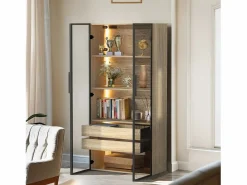 Columna De Baño|Mueble de baño con 2 puertas, 2 cajones grandes, LED integrado, MDF, madera clara, 73x36x155 cm