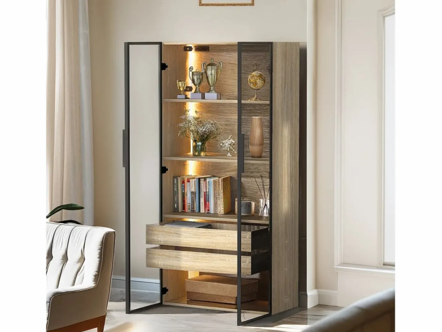 Columna De Baño|Mueble de baño con 2 puertas, 2 cajones grandes, LED integrado, MDF, madera clara, 73x36x155 cm