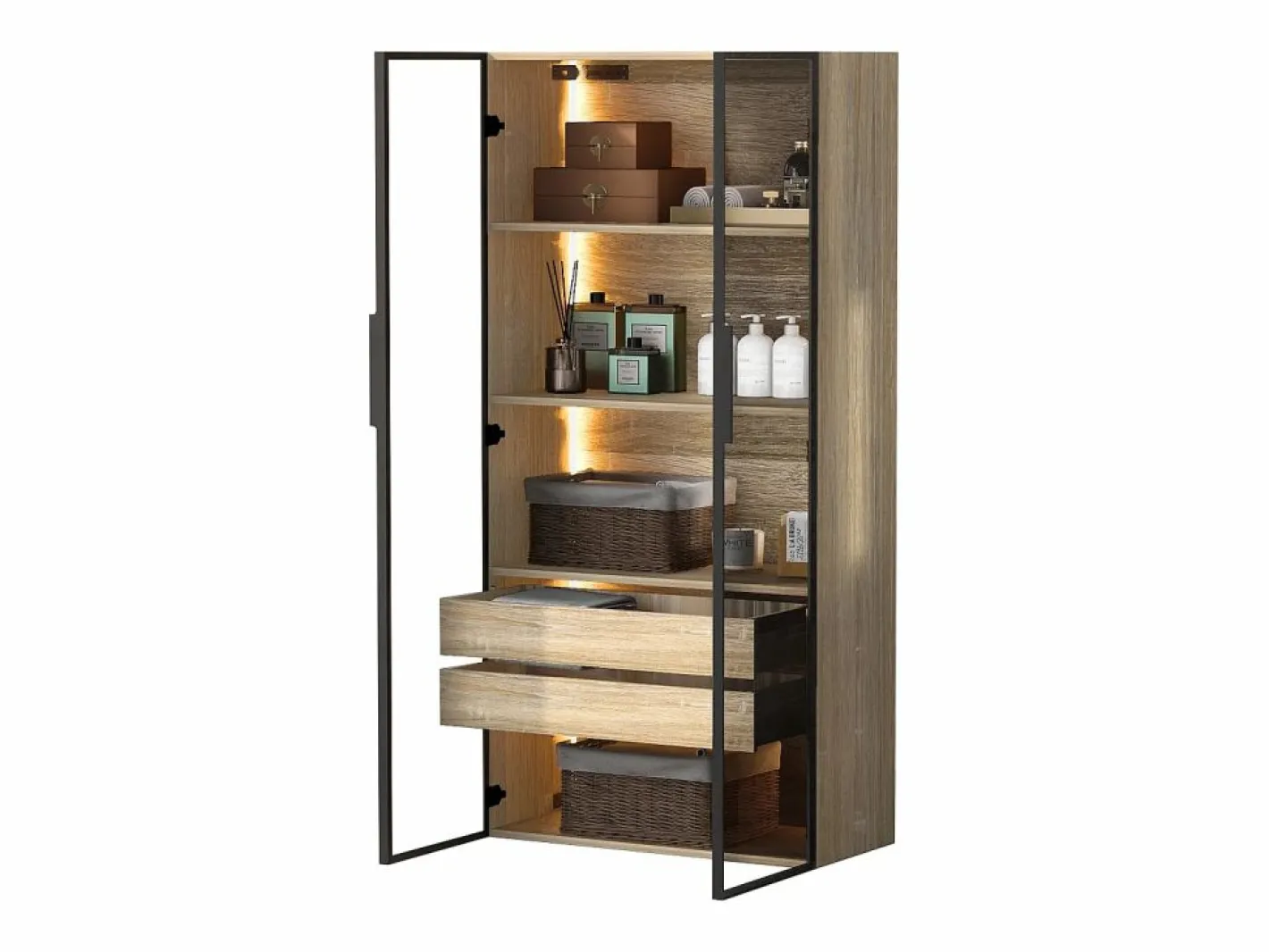 Columna De Baño|Mueble de baño con 2 puertas, 2 cajones grandes, LED integrado, MDF, madera clara, 73x36x155 cm