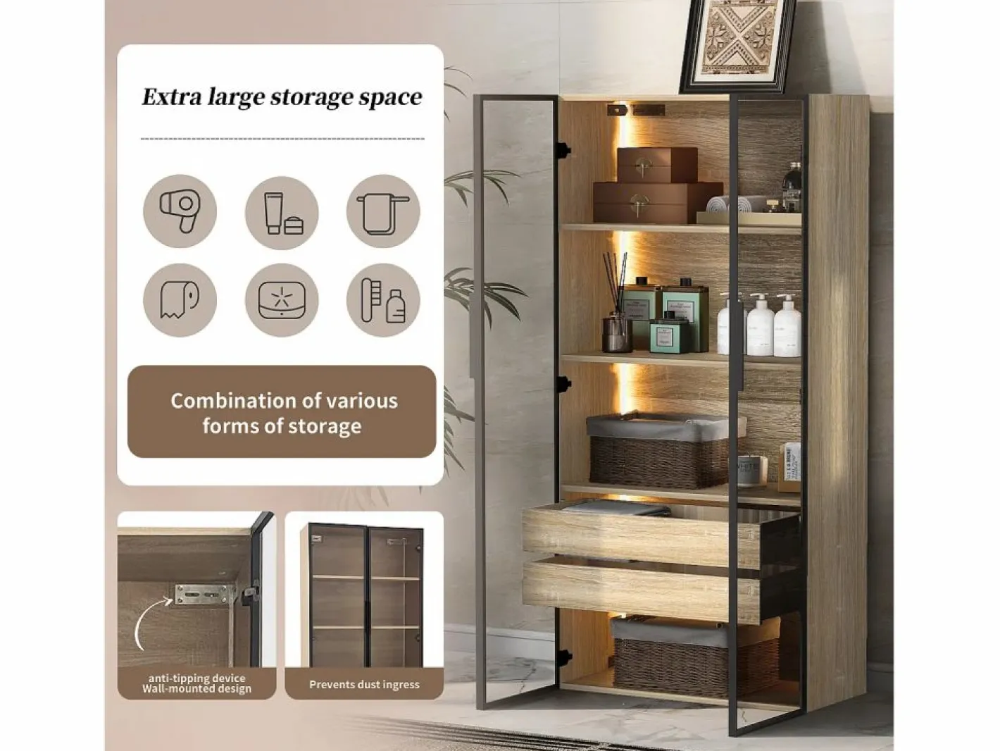 Columna De Baño|Mueble de baño con 2 puertas, 2 cajones grandes, LED integrado, MDF, madera clara, 73x36x155 cm