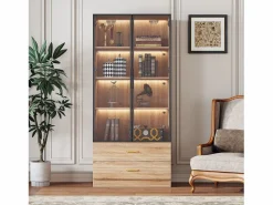 Hauss Spole Mueble De Pared Para Baño|Mueble de baño con 2 puertas de cristal y 2 cajones, LED incluido, cuerpo natural claro - 75x34,5x170cm