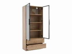 Hauss Spole Mueble De Pared Para Baño|Mueble de baño con 2 puertas de cristal y 2 cajones, LED incluido, cuerpo natural claro - 75x34,5x170cm