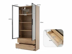 Hauss Spole Mueble De Pared Para Baño|Mueble de baño con 2 puertas de cristal y 2 cajones, LED incluido, cuerpo natural claro - 75x34,5x170cm