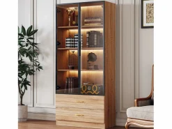 Hauss Spole Mueble De Pared Para Baño|Mueble de baño con 2 puertas de cristal y 2 cajones, LED incluido, cuerpo natural claro - 75x34,5x170cm