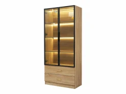 Hauss Spole Mueble De Pared Para Baño|Mueble de baño con 2 puertas de cristal y 2 cajones, LED incluido, cuerpo natural claro - 75x34,5x170cm