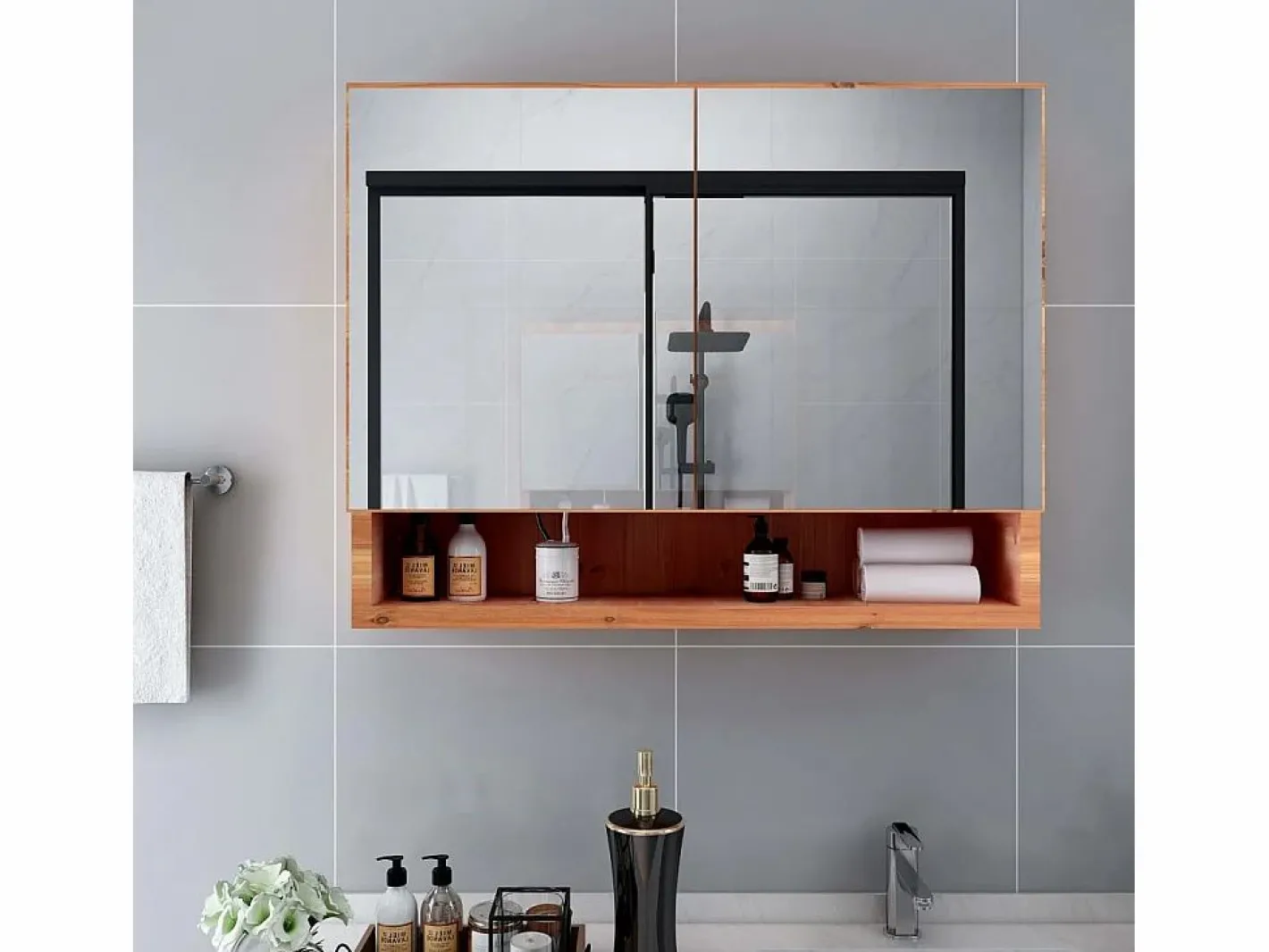 Mueble De Pared Para Baño|Mueble de baño con espejo LED MDF roble 80x15x60 cm ES844761