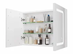 Mueble de baño con espejo LED, enchufe e interruptor con sensor - 80x13,5x60 cm^