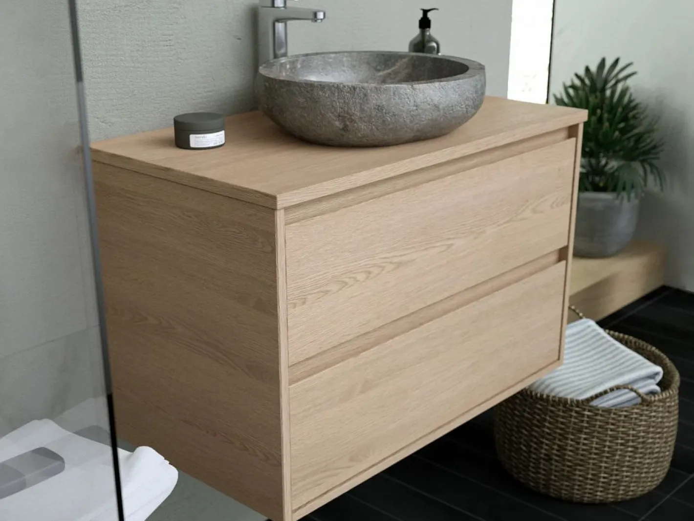 Vente-unique Mueble De Baño Simple|Mueble de baño con lavabo de piedra, 80 cm, MILIPAM